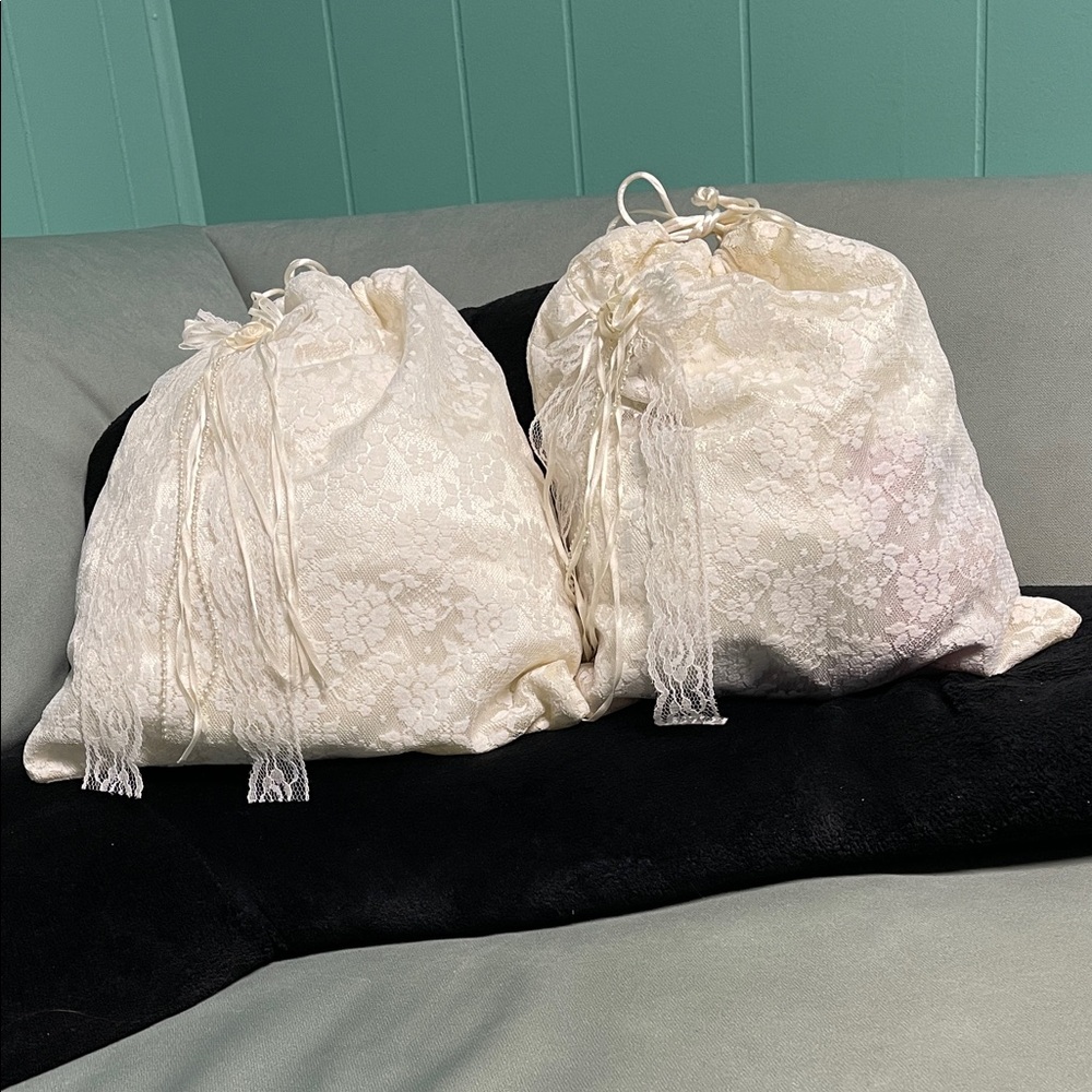 SET OF 2 HANDMADE IVORY LACE SATIN DRAWSTRING BRIDAL “MONEY” BAGS & BONUS LACE